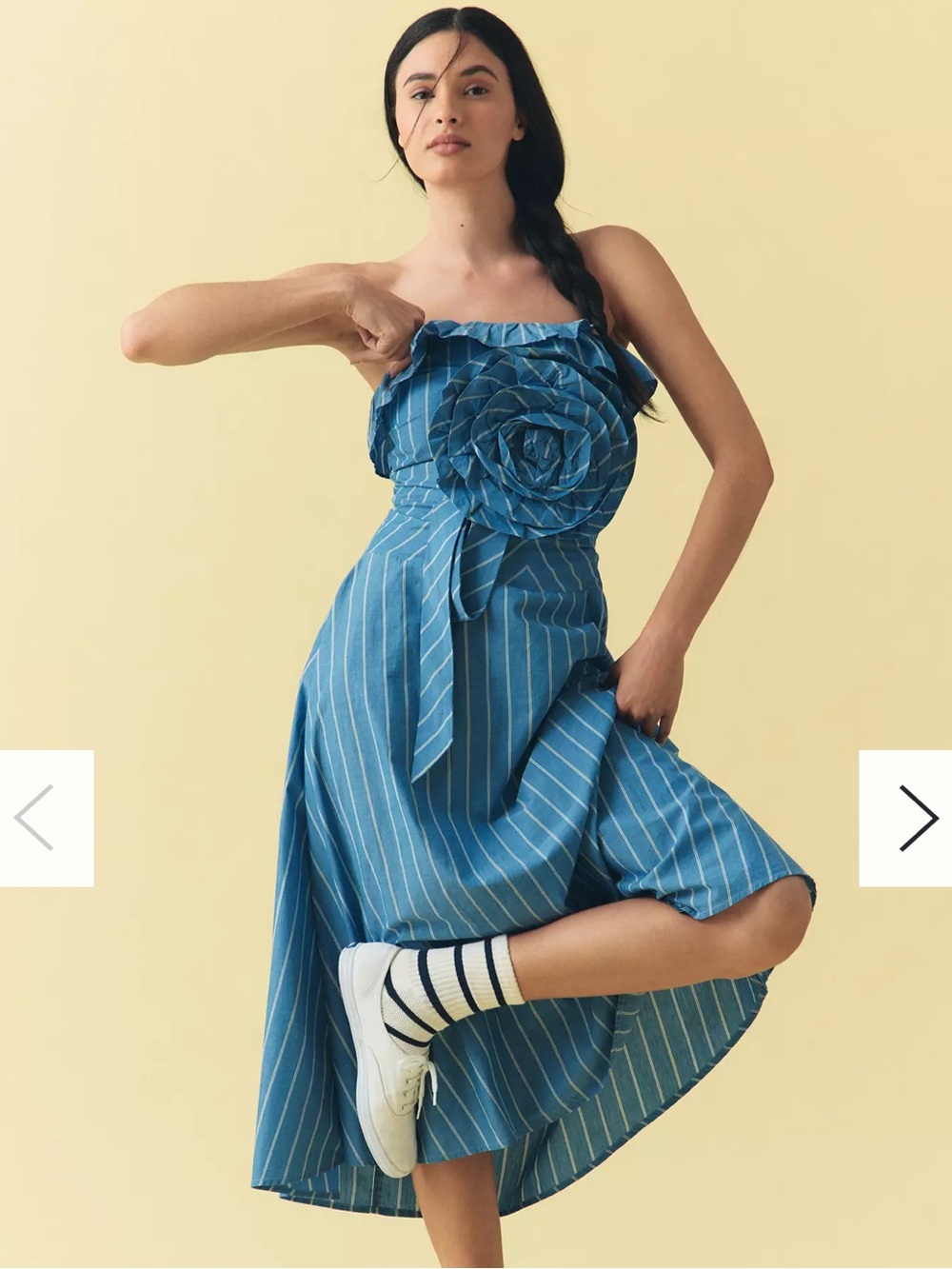 Anthropologie Blue Pinstripe Strapless High-Low Dress with Floral Rosette